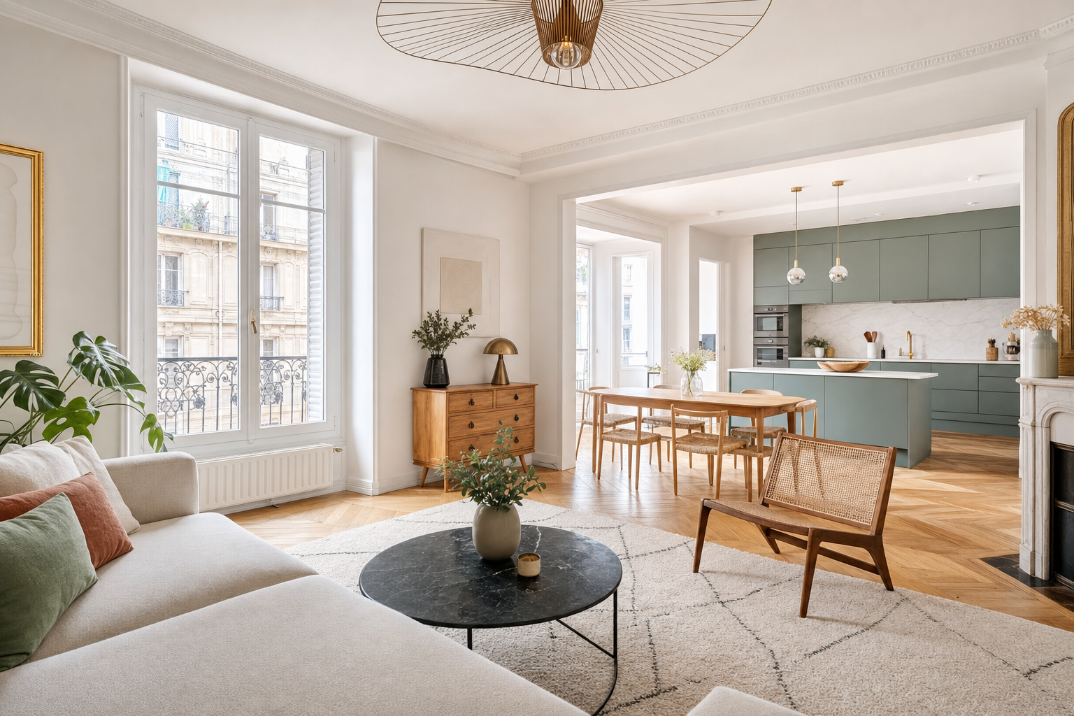 Intérieur rénové moderne — salon et cuisine ouverte